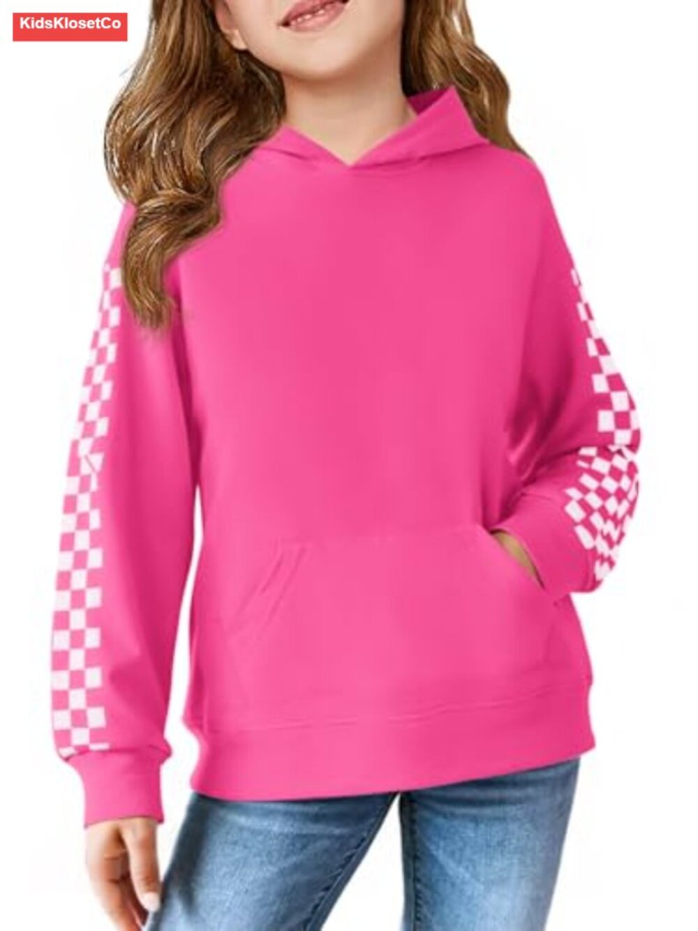 Girls Plaid Long Sleeve Hooded Sweatshirt with Kangaroo Pocket